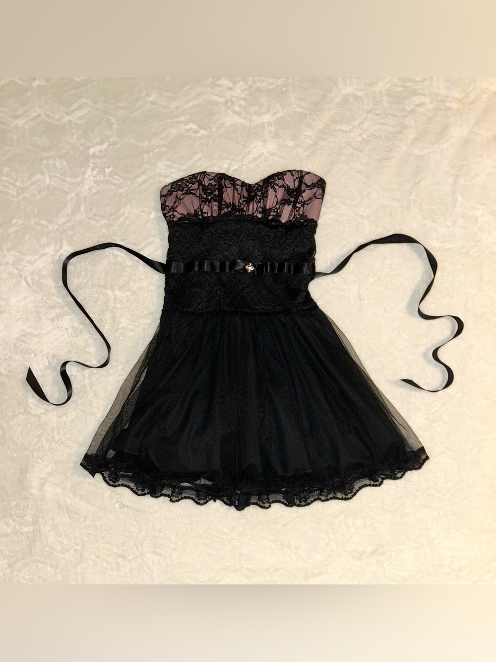 Black Strapless Formal Dress with Pink Lace Bodice